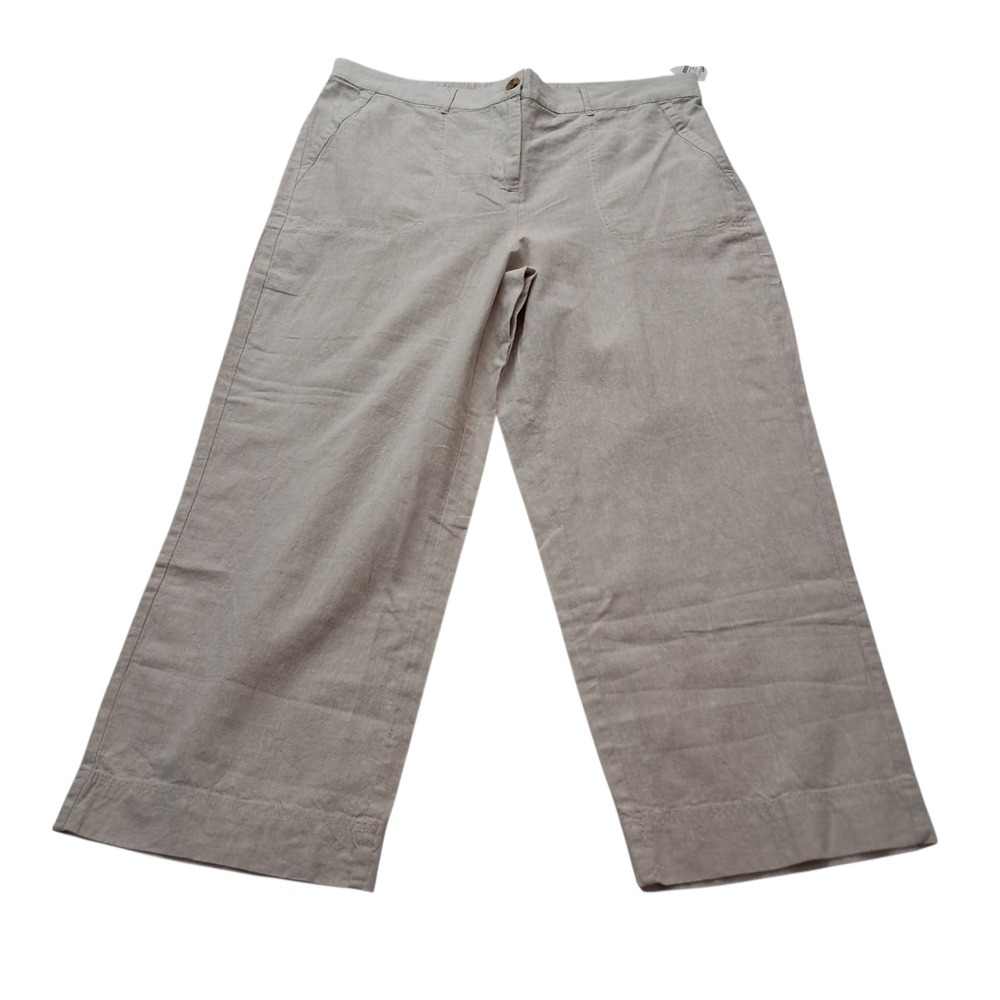 NWT Talbots Pants Womens 14 Tan Linen Blend Wide Leg Crop Elastic Back Casual‎